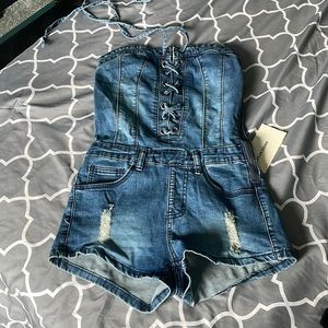 Denim lace up romper shorts medium